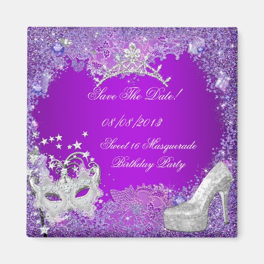 Save The Date Sweet 16 Masquerade Purple Pink マグネット (正面)