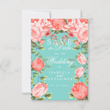 Save the Date Teal and Botanical Coral Floral