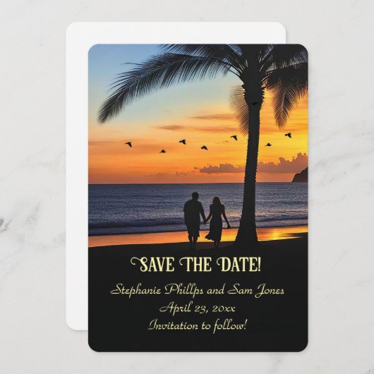 Save the Date Tropical Beach Couple 招待状 (正面/裏面)