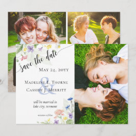 Save The Date Water color Wildflowers 4-Photo 招待状