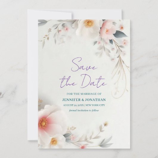 Save The Date Watercolor Floral Handwritten Script セーブザデート (正面)