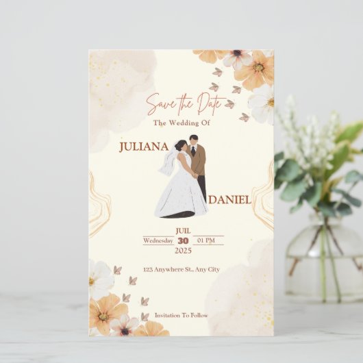 Save the Date Wedding Card–Cream Floral Design (スタンド正面)