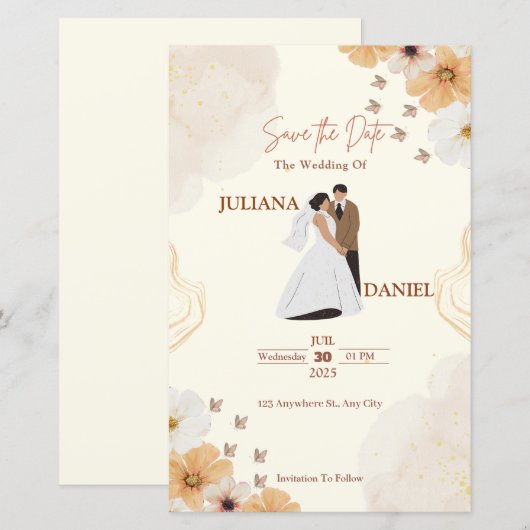 Save the Date Wedding Card–Cream Floral Design (正面/裏面)
