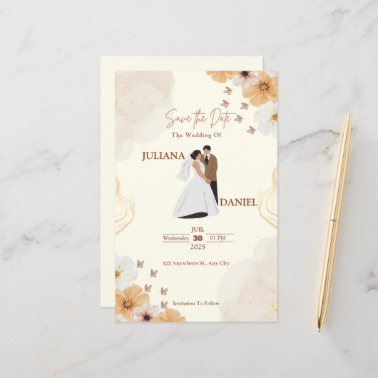 Save the Date Wedding Card–Cream Floral Design (正面/裏面インサイチュ)