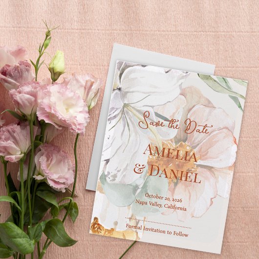 Save the Date Wedding Card | Floral Blush Peach 案内ポストカード