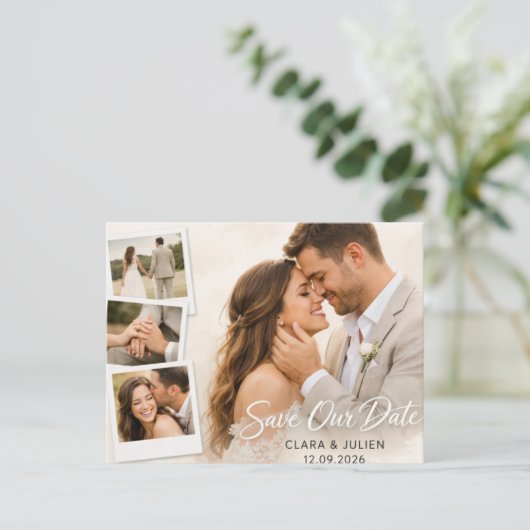 Save the Date Wedding Card Modern Script | 4 Photo ポストカード (スタンド正面)