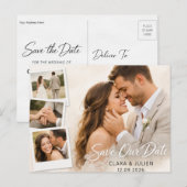 Save the Date Wedding Card Modern Script | 4 Photo ポストカード (正面/裏面)