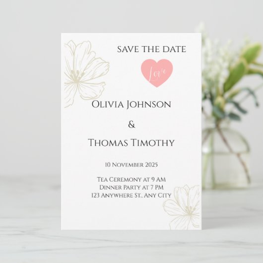 Save the Date Wedding Invitation, Minimalist Flora 招待状 (スタンド正面)
