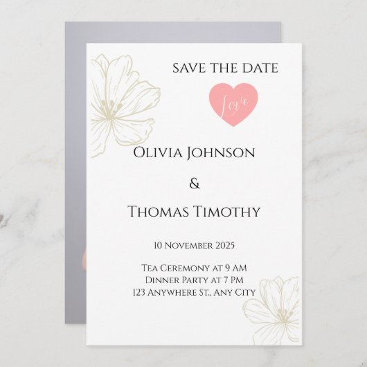 Save the Date Wedding Invitation, Minimalist Flora 招待状 (正面/裏面)