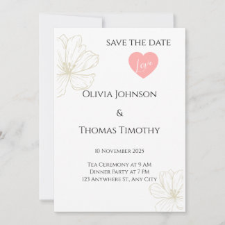 Save the Date Wedding Invitation, Minimalist Flora 招待状