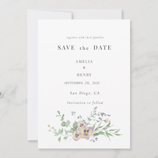 Save the Date Wedding Invitation Viola & Eucalypt 招待状 (正面)