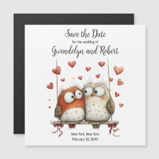 Save the Date Wedding Magnet Cute Owl Couple  (正面/裏面)