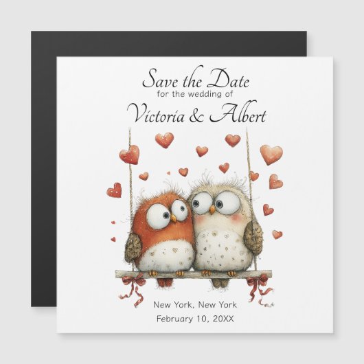 Save the Date Wedding Magnet Whimsical Owl Couple  (正面/裏面)