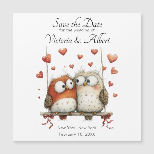 Save the Date Wedding Magnet Whimsical Owl Couple  (正面)