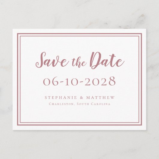 Save The Date Weddings Dustyバラシンプルモダン 案内ポストカード (正面)