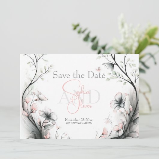 Save the Date | Whimsical Delicate Blush Floral 招待状 (スタンド正面)