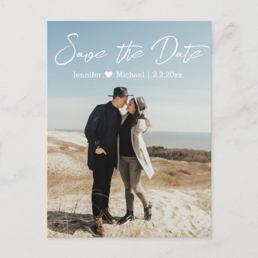 save the date white handwriting  2 photos qr code  案内ポストカード (正面)