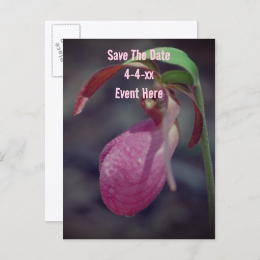 Save The Date Wild Pink Lady Slipper Flower  案内ポストカード (正面/裏面)