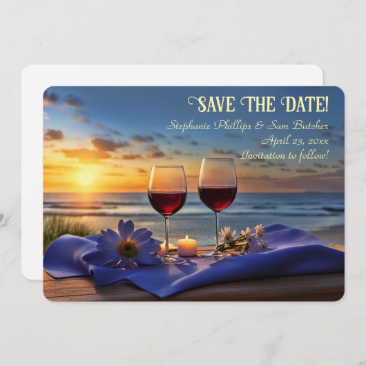 Save the Date Wine on the Beach Sunset 招待状 (正面/裏面)