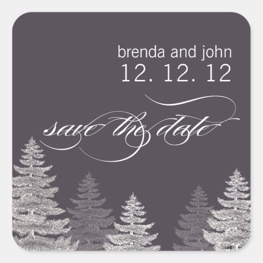 Save the Date Winter Wedding Sticker Trees スクエアシール (正面)