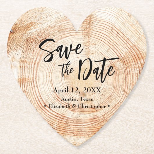 Save the date Wood grain Wedding Rustic  ペーパーコースター (正面)