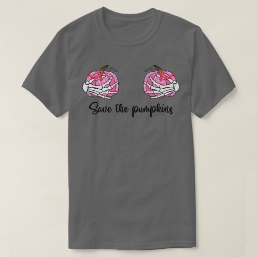 Save The Pumpkins Pink Ribbon Skeleton Hands Breas Tシャツ (デザイン正面)
