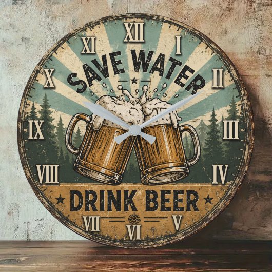 Save Water Drink Beer Funny ラージ壁時計