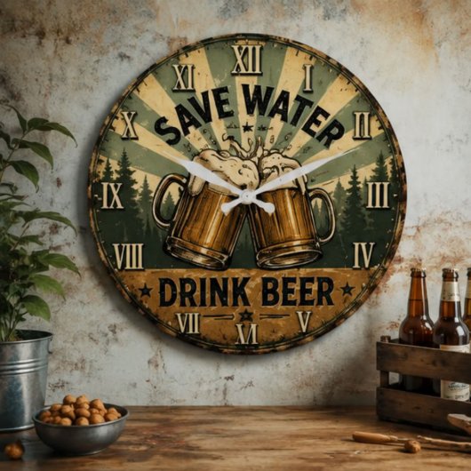 Save Water Drink Beer Funny ラージ壁時計