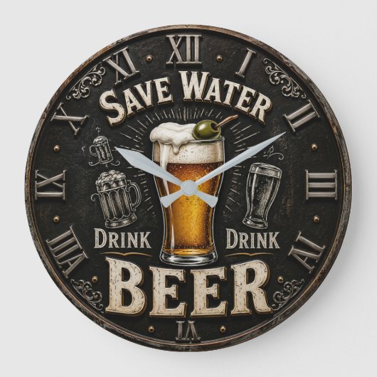 Save Water Drink Beer Man Cave Gift ラージ壁時計 (正面)