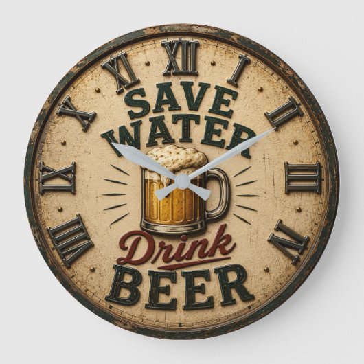 Save Water Drink Beer Man Cave Gift ラージ壁時計 (正面)