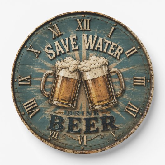 Save Water Drink Beer Rustic Home Bar ペーパープレート (正面)