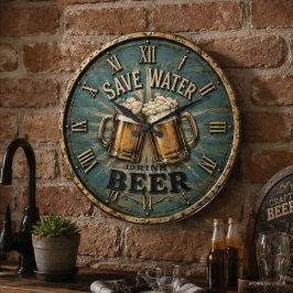 Save Water Drink Beer Rustic Home Bar ラージ壁時計
