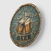 Save Water Drink Beer Rustic Home Bar ラージ壁時計 (傾斜)