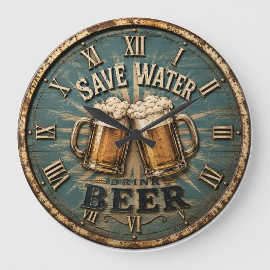 Save Water Drink Beer Rustic Home Bar ラージ壁時計 (正面)