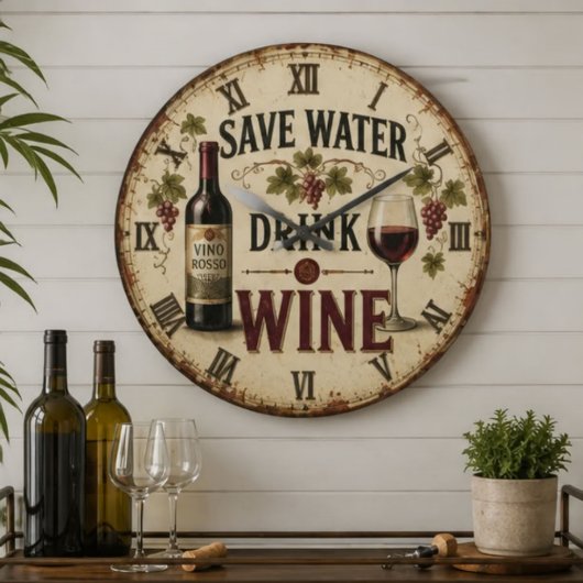 Save Water Drink Wine ラージ壁時計