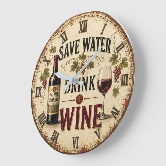 Save Water Drink Wine ラージ壁時計 (傾斜)
