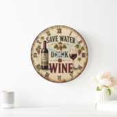 Save Water Drink Wine ラージ壁時計 (ホーム)