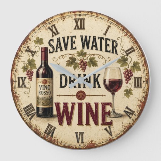 Save Water Drink Wine ラージ壁時計 (正面)