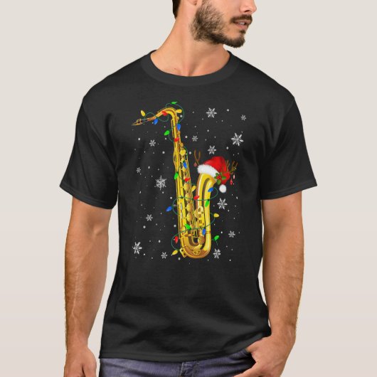 Saxophone Christmas Music Xmas Lights Santa Tシャツ (正面)