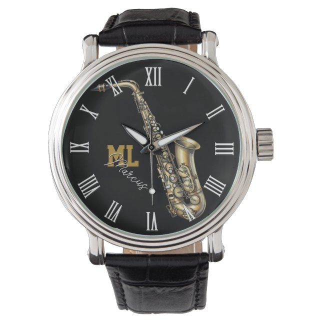 Saxophone Watch, monogram, Name, Music 腕時計 (正面)