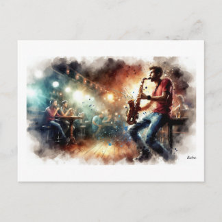 Saxophonist Performing in Cafe,  ポストカード