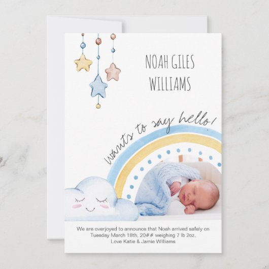 Sayハローフォトカワイレインボー子供部屋ボーイ誕生 案内状 (正面)