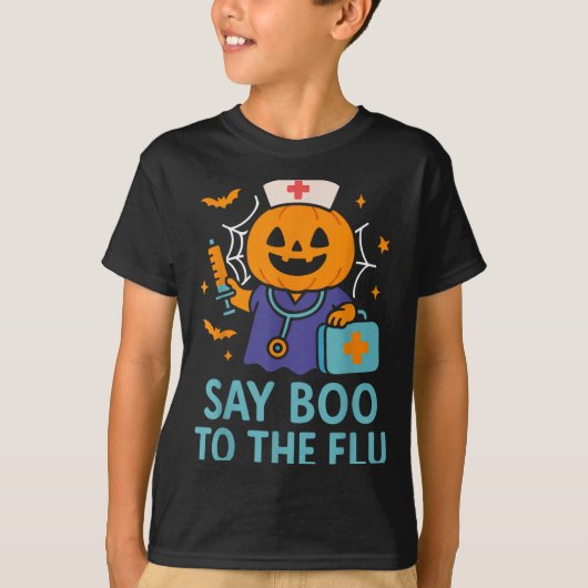 Say Boo To The Flu Nurse Halloween Vaccine Pumpkin Tシャツ (正面)