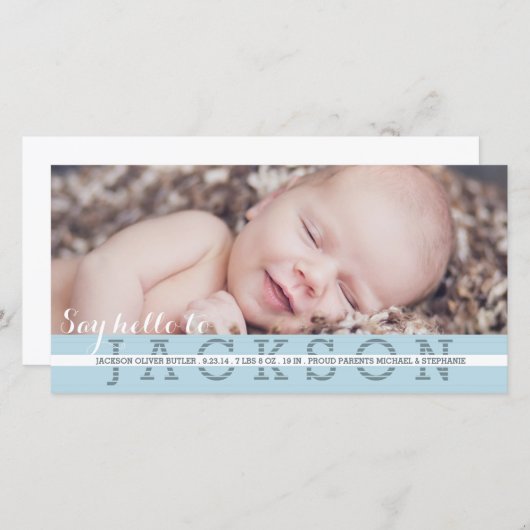 Say Hello男の赤ちゃん写真の誕生発表 案内状 (正面/裏面)