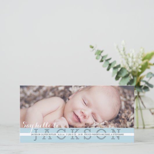 Say Hello男の赤ちゃん写真の誕生発表 案内状 (スタンド正面)