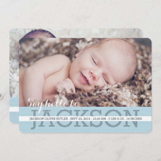 Say Hello男の赤ちゃん写真の誕生発表 案内状 (正面/裏面)