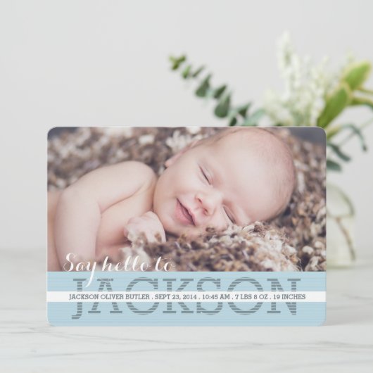 Say Hello男の赤ちゃん写真の誕生発表 案内状 (スタンド正面)