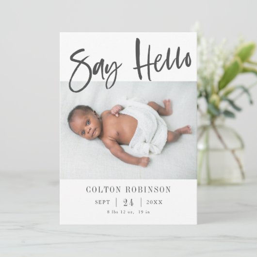 Say Hello モダンWrithalベビーフォト誕生 案内状 (スタンド正面)