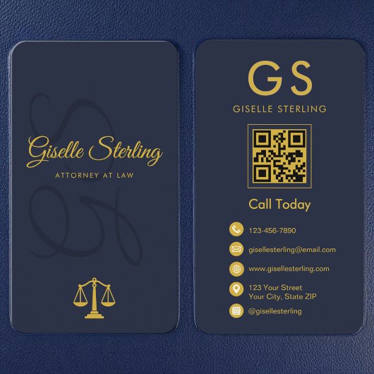 Scales of Justice Attorney at Law Navy Blue Gold 名刺