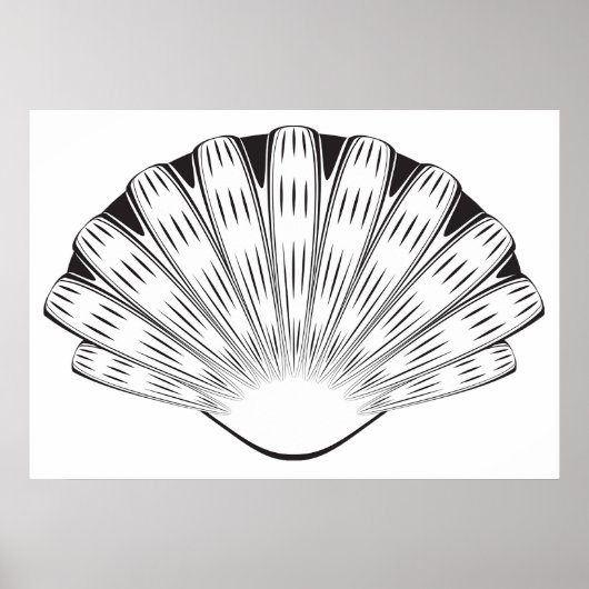 Scallop Seashell Minimalist Black and White ポスター (正面)